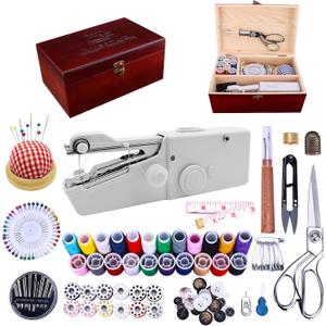 Hand Held Sewing Machine, with Red Wooden Sewing Box and 143 PCS Sewing Kit, Mini Portable Handheld Sewing Machine for Adults and Beginners, with a Power Adapter and Heavy-Duty Scissors