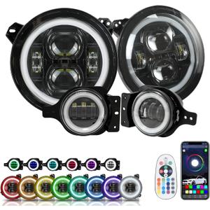 SUNPIE 9 Inch RGBW Halo lights with Fog Lights Combo Compatible with 2018 2019 2020 2021 2022 2023 2024 2025 JL JLU 4XE Compatible with 2019 2020 2021 2022 2023 2024 2025 JT APP Control Remote Control