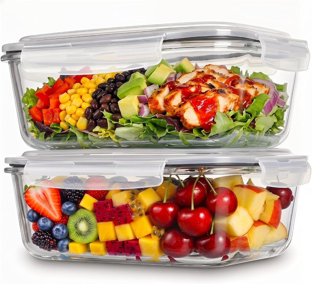 2 Pack 63oz Large Glass Storage Containers with Lids Big Meal Prep Food Container Set for Storing food, vegetables or fruits, BPA Free, Freezer Dishwasher Oven Safe (gray)