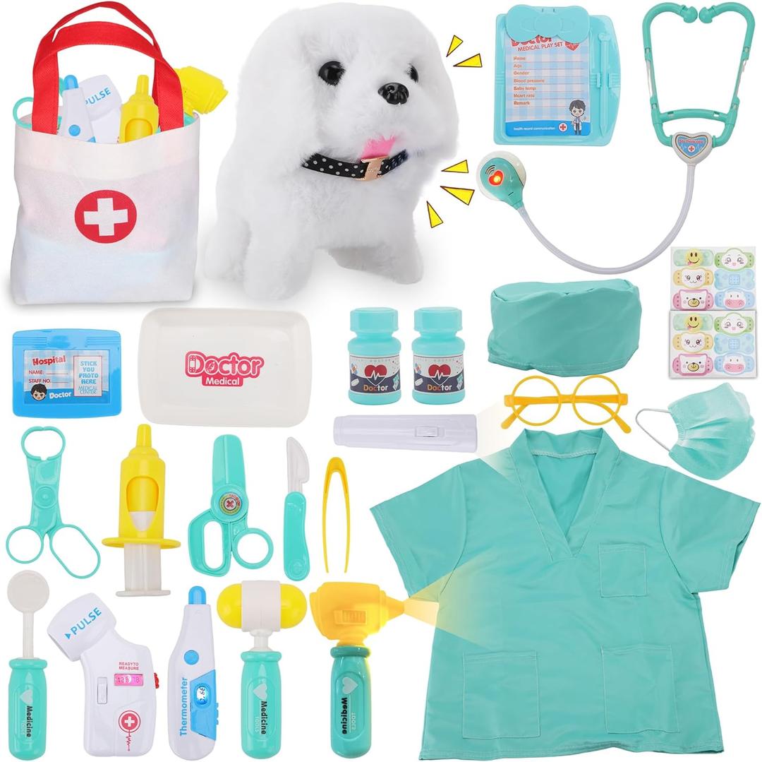 TEUVO Toy Doctor Kit for Girls - Pretend Play Doctor Set with Dog Toy, Carrying Bag & Stethoscope & Dress Up Costume - Toys Doctor Play Gift for Kids Toddlers Ages 1 2 3 4 5 6 7 Year Old for Role Play (Ice Green)