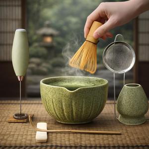 Matcha Whisk Set with Matcha Bowl - Matcha Set Included Electric Frother, Bamboo Whisk, Matcha Spoon, Bamboo Holder, Sifter, Spoon Stand (Mottled Green)