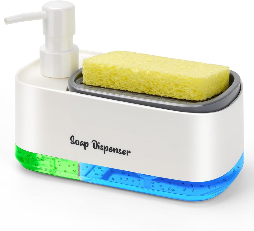 Hand and Dish Soap Dispenser Set for Kitchen, Dual Soap Dispenser with Sponge Holder, 3-in-1 Countertop Soap Pump Dispenser for Kitchen Sink, Useful Kitchen Gadgets - White