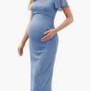 Aiswi Maternity Cocktail Dress Sparkly Mesh Wrap Bodycon Baby Shower Wedding Guest Pregnancy Fall V Neck Formal Blue XL
