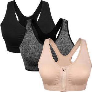 Women's Zip Front Sports Bra Wireless Post-Surgery Bra Active Yoga Sports Bras (Large, 3 Pack(black+grey+flesh))