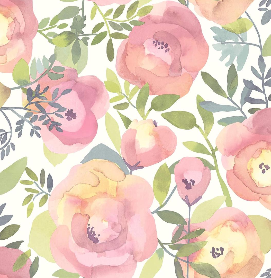 NuWallpaper Peachy Keen Peel and Stick Wallpaper, Pink Floral Removable Contact Paper for Walls, Self Adhesive Wall Covering for Bedroom Living Room Accent Wall 20.5-in x 18-ft
