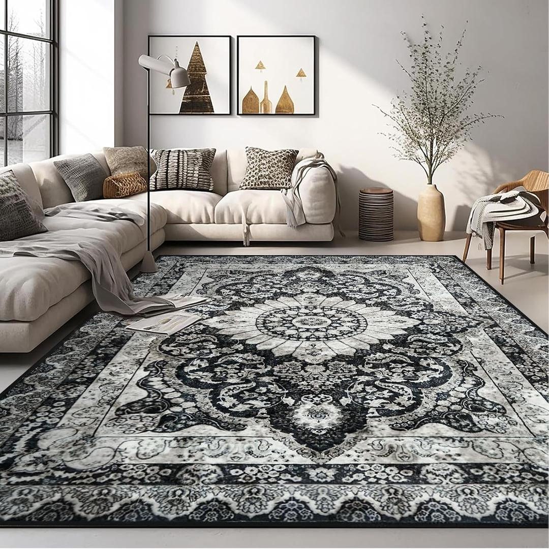 Area Rug 6x9 Washable Living Room Rug, Vintage Soft Boho Non-Slip/Non-Shedding Print Floor Carpet for Dining Room, Bedroom-Black Area Rug 6x9 Washable Living Room Rug, Vintage Soft Boho Non-Slip/Non-Shedding Print Floor Carpet for Dining Room, Bedroom-Black