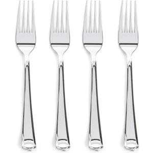 Prestee 100-Pack Heavy Duty Plastic Forks - 7-Inch Elegant Silver Plastic Forks Disposable Set - Fancy, Disposable Silverware Utensils for Parties, Holidays, Weddings, and Events - Durable Cutlery Set