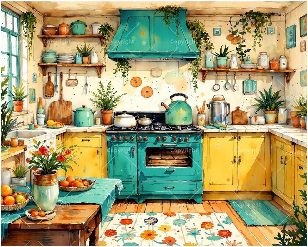 Farmhouse Kitchen Paint by Numbers Kit for Adults - DIY Colorful Country Kitchen Scene Painting on Canvas 16x20In, Acrylic Paint Set, Suitable for Beginners, Art for Home Decoration or Gifts