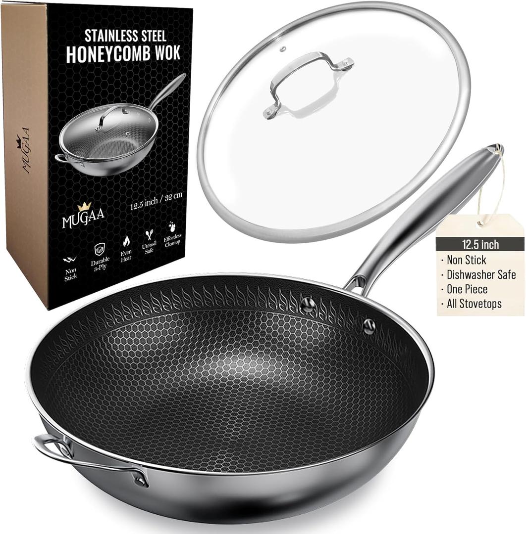 Woks & Stir-Fry Pans Nonstick, 12.5" Stainless Steel Wok with Lid | Tri-Ply Honeycomb Hybrid Stir Fry Wok Pan | Induction & Oven Safe | Dishwasher Safe