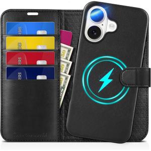 TUCCH Wallet Case for iPhone 16, Removable 2 in 1 RFID Blocking [4 Card Slots] [Wireless Charging] Kickstand PU Leather Magnetic Detachable Protective Folio Cover Compatible with iPhone 16 6.1", Black