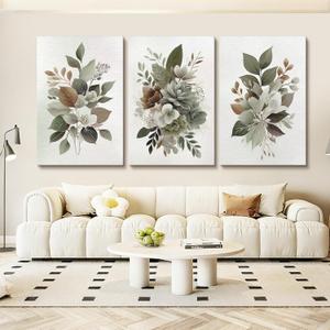 Azartslr Green Flower Canvas Wall Art, Farmhouse Rustic Floral Art Prints For Living Room, Vintage Bathroom Botancial Painting Poster, Plants Picture Kitchen Bedroom Decoration