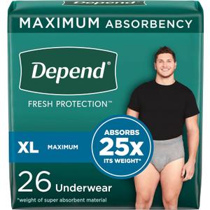 Depend Fresh Protection Adult Incontinence Underwear for Men, Disposable, Maximum, Extra-Large, Grey, 26 Count, Packaging May Vary (X-Large)