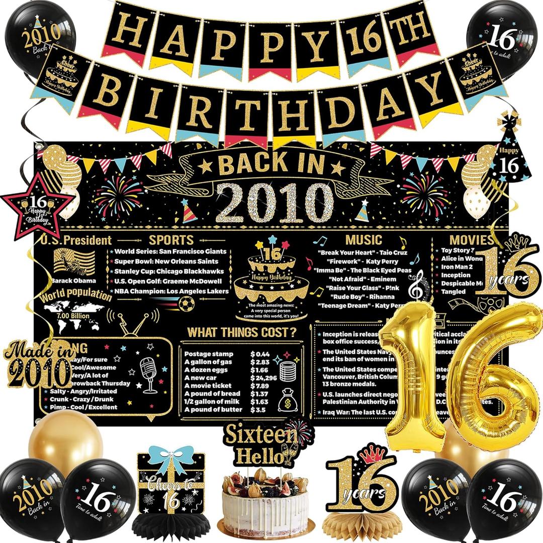 Holkcog Black Gold 16th Birthday Decorations, Back In 2010 Backdrop Decor, Banner Cake Topper Hanging Swirl Gold 16 Balloons Paper Fans Balloon for Boys, Vintage 2010 Party Supplies, 16 Girls Gifts