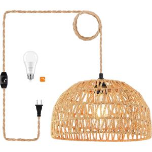 Plug in Pendant Light Rattan Hanging Lights with Plug in Cord Wicker Hanging Lamp with Woven Bamboo Basket Lamp Shade,Dimmable Switch,Boho Ceiling Light Fixtures for Kitchen,Farmhouse,Bedroom