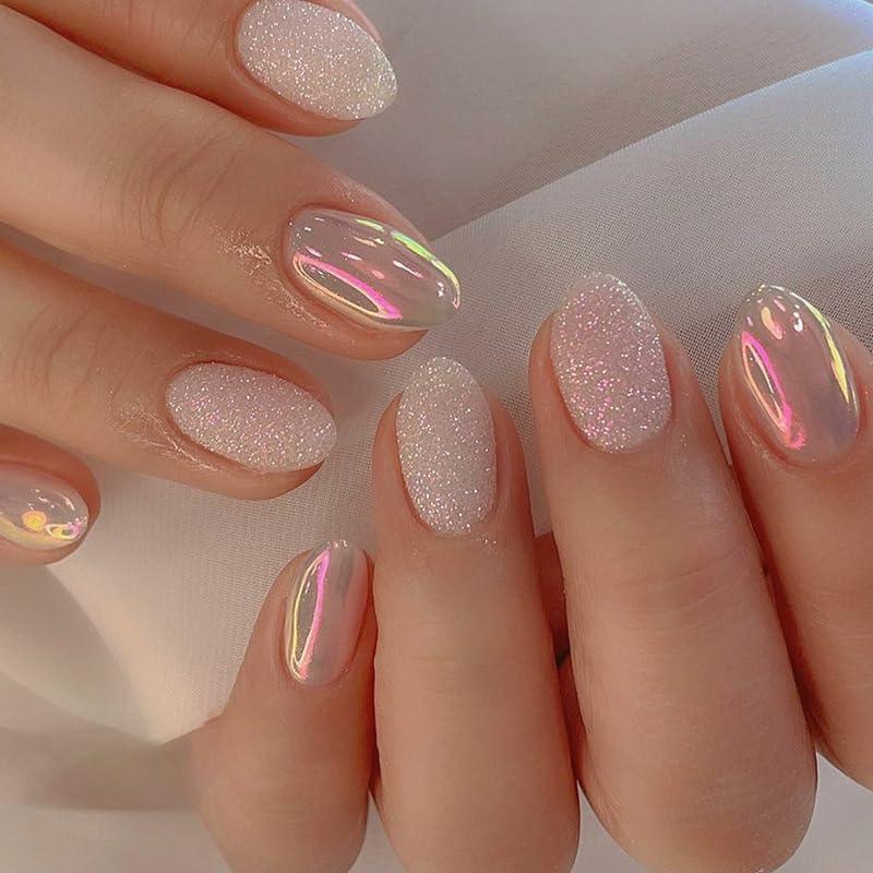 Short Nail Set, Aurora Almond Press on Nails Short Fake Nails Kit, Acrylic Nails Press on Almond Nails Short Artificial Fingernail Set, Stick Nails with Nail Tab 24pc Nail Decoration Set for Women