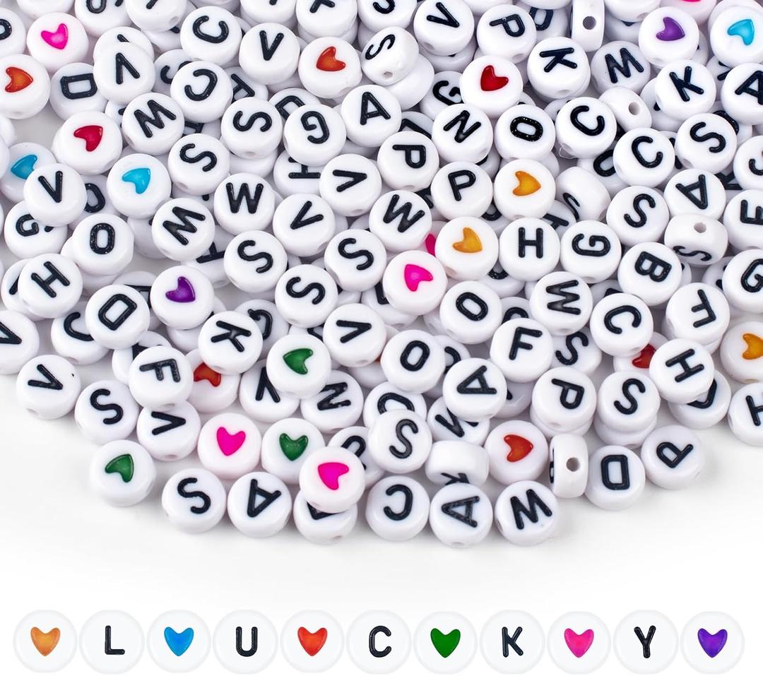 1000PCS Colourful Letter Beads for Threading, 4 x 7 MM, A-Z White Letter Beads and Colourful Heart Beads, Acrylic Round Beads for Jewellery DIY Making Crafts Bracelets Necklaces Ornaments Penda (Style 2)
