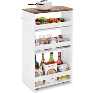 TEAMIX 4 Tier White Slim Storage Cart with Handle, 7.9''W Slide Out Storage Rolling Utility Cart Mobile Shelving Unit Organizer Trolley for Small Spaces Kitchen Laundry Narrow Places