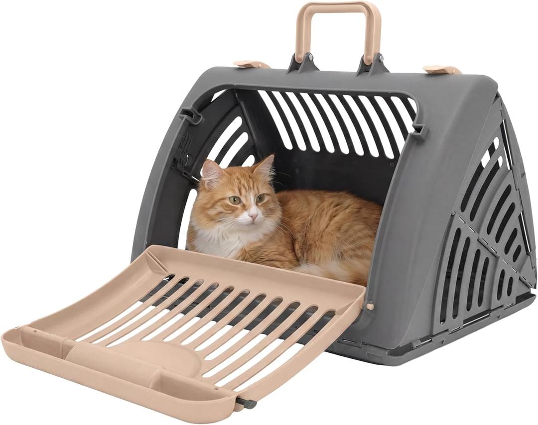 SportPet Designs Foldable Travel Cat Carrier - Front Door Plastic Collapsible Carrier, Gray and Tan, Medium (Pack of 1)