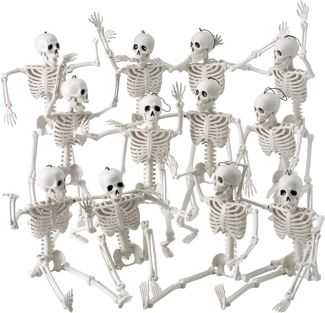 JOYIN 12 PCS 16" Halloween Skeleton Decor, Full Body Movable Stayable Joints Plastic Skeleton, Posable Hanging Skeletons for Halloween Decoration Indoor Outdoor, Graveyard Yard Party Decor