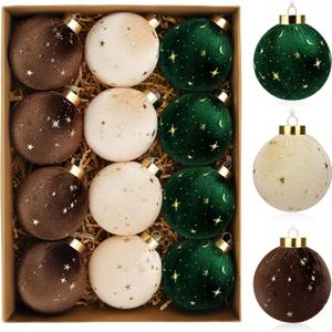 Christmas Tree Ornaments Velvet Balls - 12 Pcs Shatterproof Christmas Tree Hanging Bulbs Decorations Set for Holiday Party Xmas - Multicolor Green Brown Neutral - 3.15 Inch (80mm)