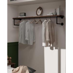 Clothes Rack 60in, Wall Mounted Garment Racks with Real Walnut Wood Shelf, Heavy Duty Hanging Clothes Rack, Multi-Purpose Hanging Rod, Space-Saving Closet Storage