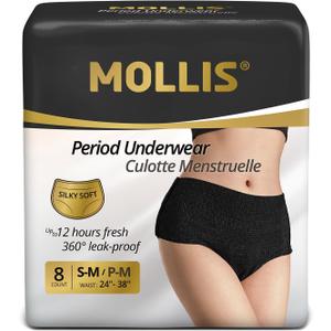 MOLLIS Disposable Period Underwear for Women, Postpartum Panties, Maternity Knickers Heavy Flow Leak Proof, Unscented, Black, Small/Medium, 8 Count
