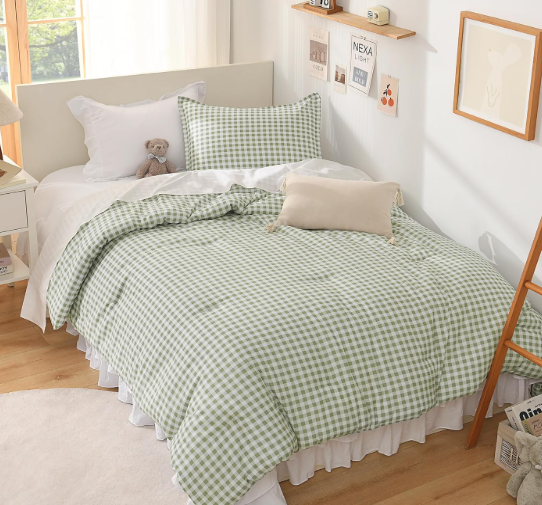 Andency Sage Gingham Comforter Set Full(79x90Inch), Green Checkered Grid Plaid Buffalo Bed Set for Girls Boys Kids Teens, 3 Pieces Lightweight Polyester Geometric Preppy Bedding