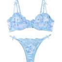 Lilosy Petite Sexy Cute Underwire Push Up Strappy Heart Embroidered Mesh Sheer Lingerie Set for Women Bachelorette See Through Bra and Panty 2 Piece Bow Light Blue XX-Small
