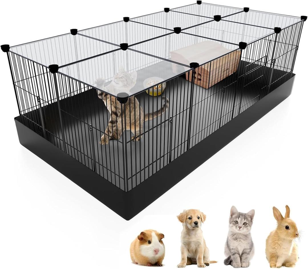 20 Panels Small Animal Playpen with Removable Top Cover & Waterproof Mat - Durable Metal Wire Yard Fence for Guinea Pigs, Rabbits, Kittens, Puppies, Hamsters - Indoor & Outdoor Pet Cage with Roof
