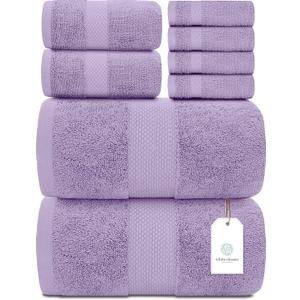 White Classic Luxury Bath Towel Set of 8 Pieces - 100% Turkish Cotton Highly Absorbent Towels for Bathroom, 2 Luxury Bath Towels 700GSM, 2 Hand Towels, 4 Washcloths, Lavender