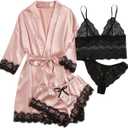 WDIRARA Women' Silk Satin Pajamas Set 4pcs Lingerie Floral Lace Cami Sleepwear with Robe (5X-Large Plus, Pink)