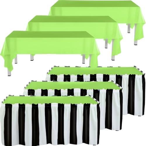 Tegeme 3 Pcs Halloween Sandworm Black and White Party Decoration Includes 2 Green Tablecloths & 1 Black and White Stripe Table Skirts for Halloween Decor Spooky Celebrations Birthdays Holiday Events