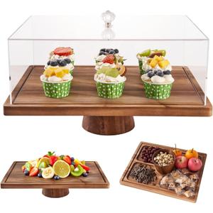 Large Cake Stand with Lid, 17″ Rectangular Multi-Functional Cake Holder, Acacia Solid Wood 2-in-1 Dessert Table Display Set, Charcuterie Board for Cheese , Fruit Platter, Acrylic Cake Dome Cover