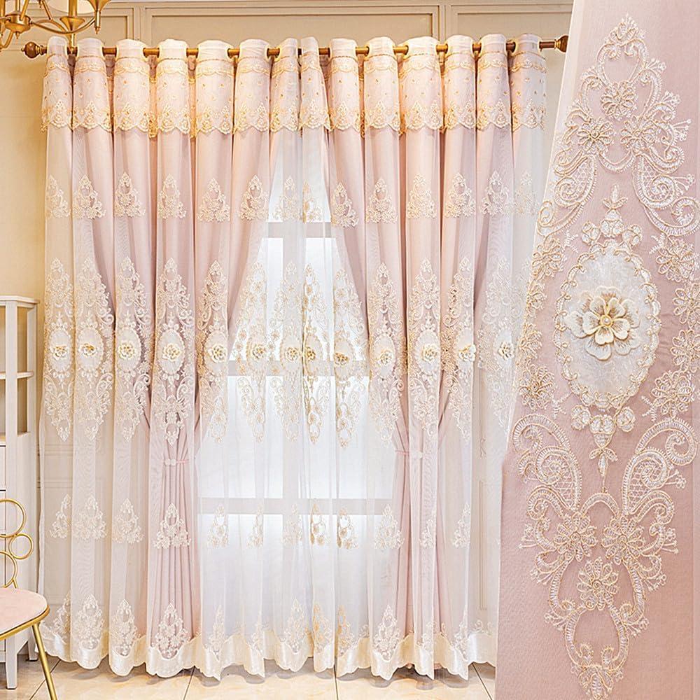 Amidoudou Luxury 3D Flower Embroidered Curtains with Valance, 1 Pair European Double Layer Drapes for Living Room & Bedroom, Pink, 51x90 Inch