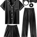 ALHAVONE Silk Pajamas for Girls Satin Pajama Kids 3 Pieces Short Sleeve Girl Button-down Pjs Shorts Pants Sleepwear (Black, 5-6 Years)