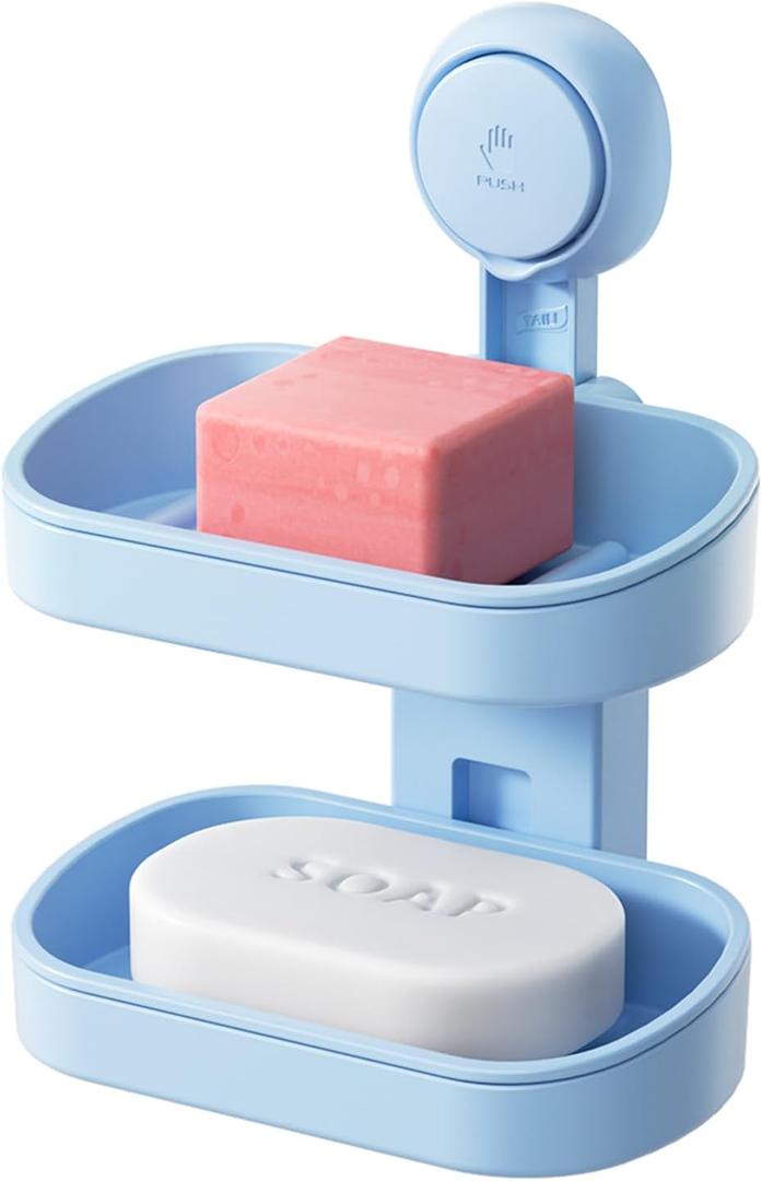 TAILI Soap Holder Soap Dish for Shower, Suction Cup Soap Holder for Shower Wall, Bathroom Accessories, Removable Strong Hold Soap Saver, Drill Free Double Soap Dish, Blue 2 Layer