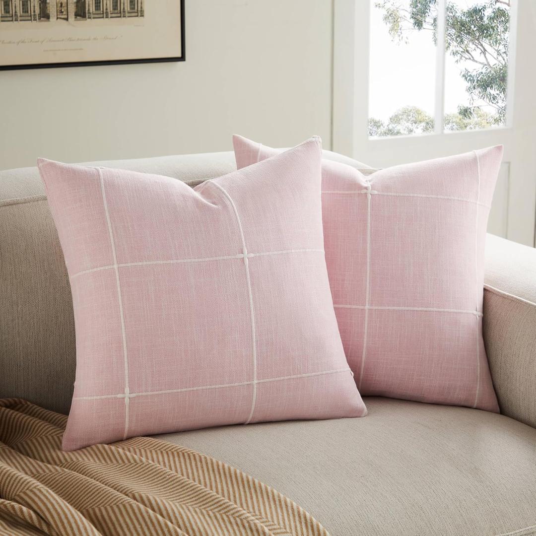 2 Packs Grid Embroidery Throw Pillow Covers, 24x24 Inch Pink, Farmhouse Linen Decorative Pink Cushion Covers for Sofa Bed Living Room Home Decor
