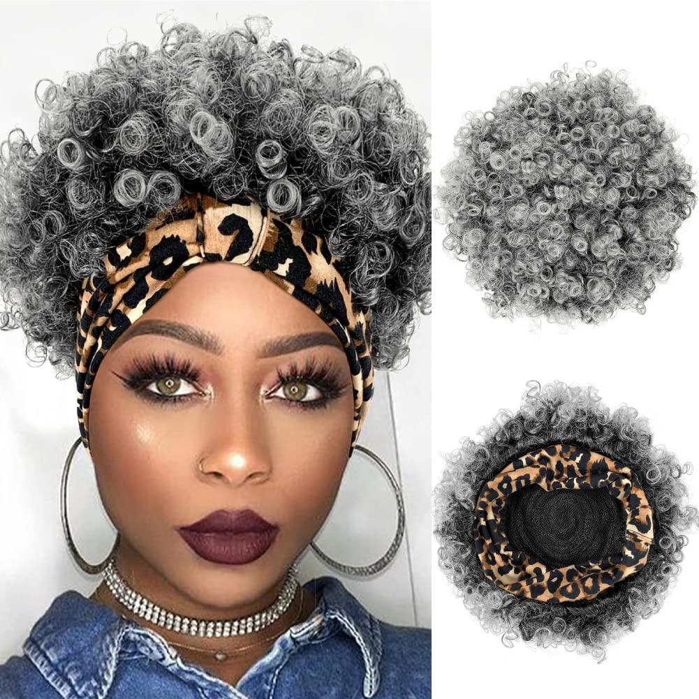 Short Curly Wigs with Headbands Attached for Black Women Synthitic Kinky Curly Afro Puff No Drawstring Ponytail Wig Headwrap Hairstyles With 2 Clips(T1B/Grey)