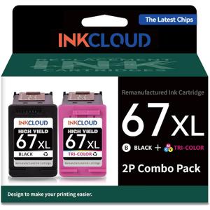 Remanufactured Ink Cartridges Replacement for HP 67XL Printer Ink for 2700 2700e 2755 2755e 4100 4100e 4155 4155e 6000 6055 6055e 6400 6455e 6458e Printer (1 Black 1 Tri-Color, 2Pack)