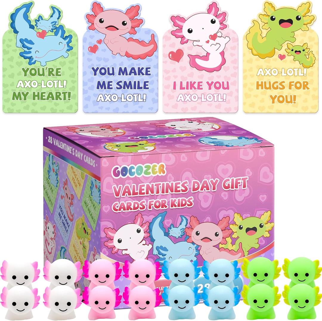 28Pack Axolotl Valentines Cards for Kids Classroom, Axolotl Squishies Mochi Valentine Gifts for Kids Class, Animal Mochi Squishy to Squeeze Toys for School Valentine's Day Exchange Gifts Party Favors