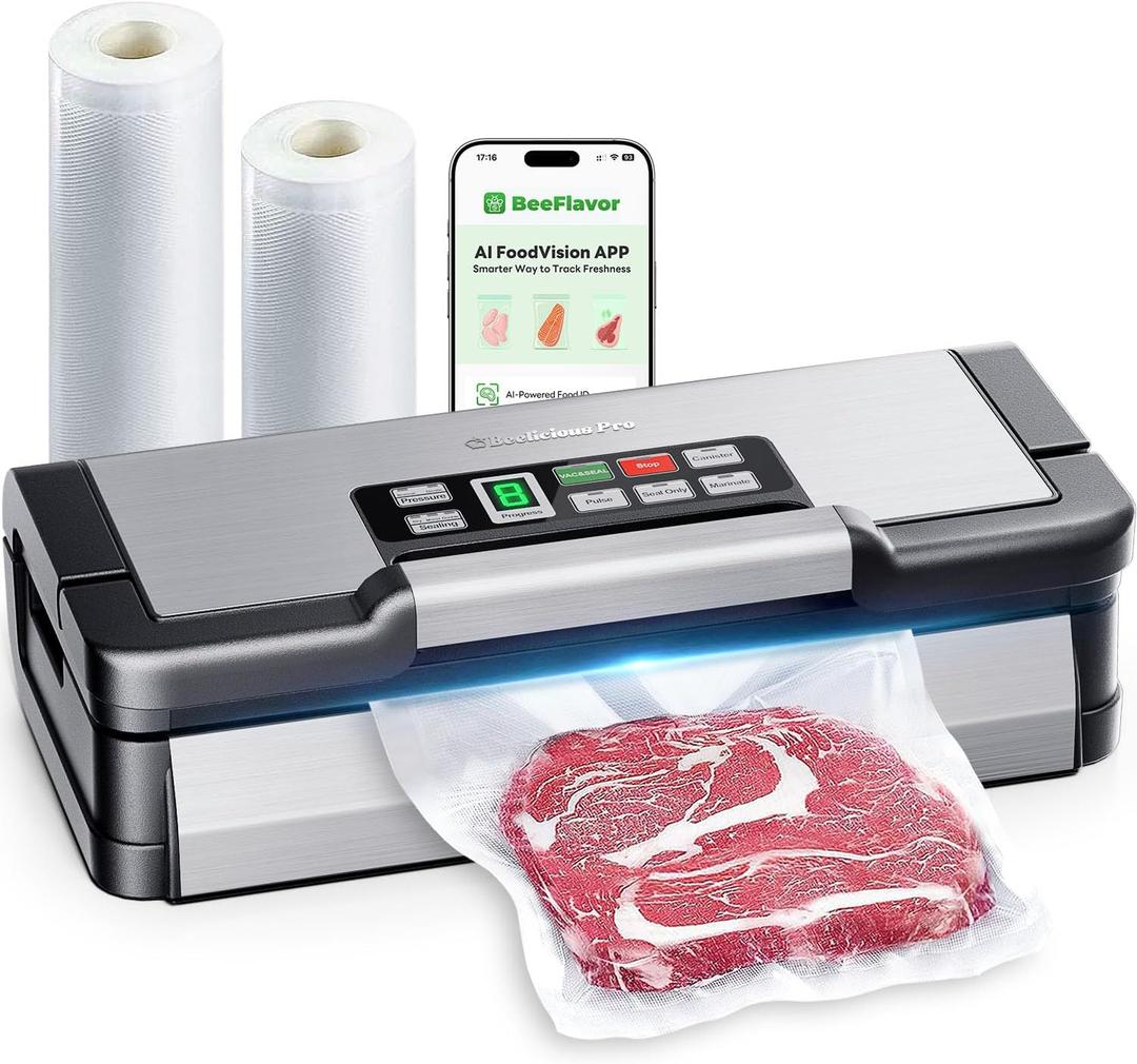 95kPa Vacuum Sealer Machine with AquaLock Technology, for Moist Seals, 2X Seal & 130W, Fully Automatic Food Sealer, Built-In Cutter, Bag Storage & Hose, Precision Sealing, 2 Bag Rolls,Stainless Steel (Titanium Grey)