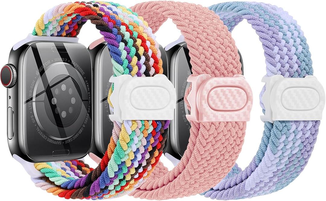 3 Packs Braided Band for Apple-Watch Band - Nylon Elastic Adjustable Replacement Bands for Iwatch Series 10 9 8 7 6 5 4 3 se se2 Ultra/Ultra 2 38mm 40mm 41mm 42mm 44mm 45mm 49mm for Small Wrist (3P-Rainbow+Silty Sand+Violet)