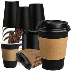 RACETOP 12 oz Paper Coffee Cups,100 Pack Black Disposable Coffee Cups with Lids, Sleeves and Stirring Sticks, 12 oz Hot Coffee Cup for Hot Drinks, Parties, Picnic, Travel, and Events