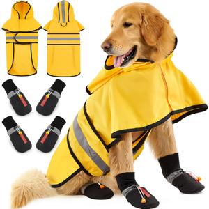 Dog Raincoat and Shoes for Weighing 20-38lbs, Spring Summer Waterproof Dogs Boots & Paw Protectors, Adjustable Pet Poncho with Leash Hole for all Dogs, Yellow(Single Side, Size: 20-38lbs)