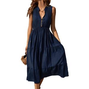 BROVAVE Womens 2025 Summer Sleeveless Shirt Dress Collar Striped V Neck Casual Midi Dresses (Blue, M)