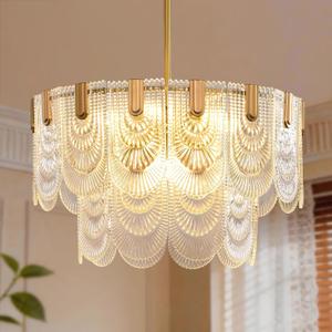 9-Light Glass Chandelier with lampshade, 24 Inch Gold Modern 2-Tier Ceiling Light for Dining Room Foyer Living Room Bedroom, Adjustable Hanging Rod, Vintage Luxury Lighting Fixture. E12 Base, 23.6inch