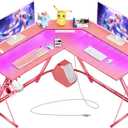SEVEN WARRIOR Gaming Desk 50.4 with LED Light & Power Outlets, L-Shaped Gaming Desk Carbon Fiber Surface with Monitor Stand, Ergonomic Gamer Table with Headphone Hook, Pink