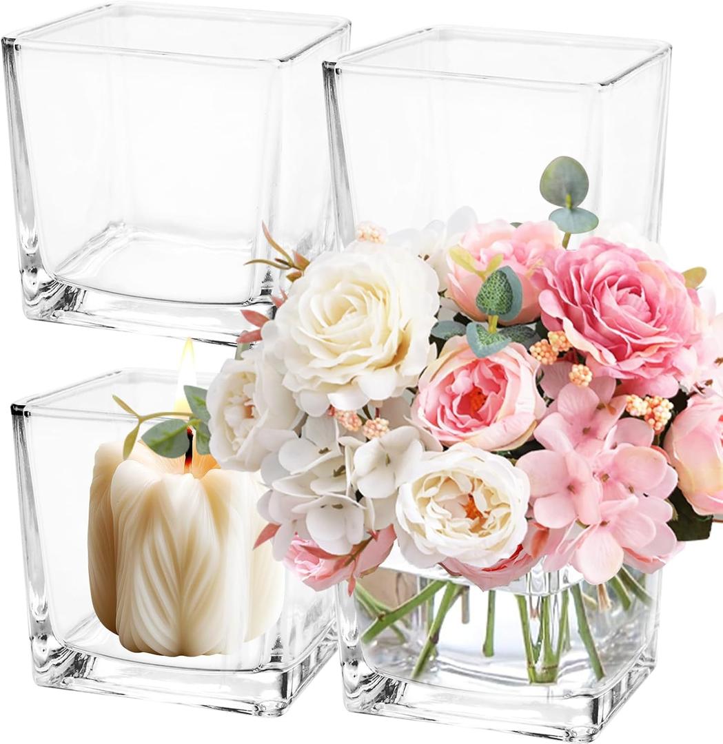 4 Pack 6 x 6 x 6 Inch Square Glass Vases, Clear Square Vases for Centerpieces, Glass Cube Flower Vases Short Vases for Candle Holder Events Wedding Party Home Decoration