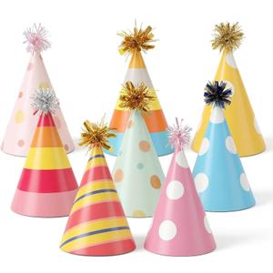 8Pcs Mini Birthday Hats for Stuffed Animal, Colorful Cute Dog Party Hats with Glitter Pompoms Adjustable Mini Cat Paper Party Hat Cone-Shaped Celebration Headwear for Kittens Rabbits Small Animals