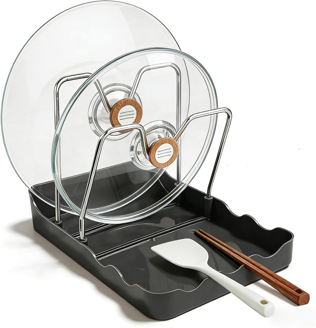 Kitchen Pot Lid Storage Rack, Pot-Lid Cutting Board Holder With Removable Drip Tray, Space-Saving Kitchen Pot Cover Organizer Stand for Countertop (1pc Black)